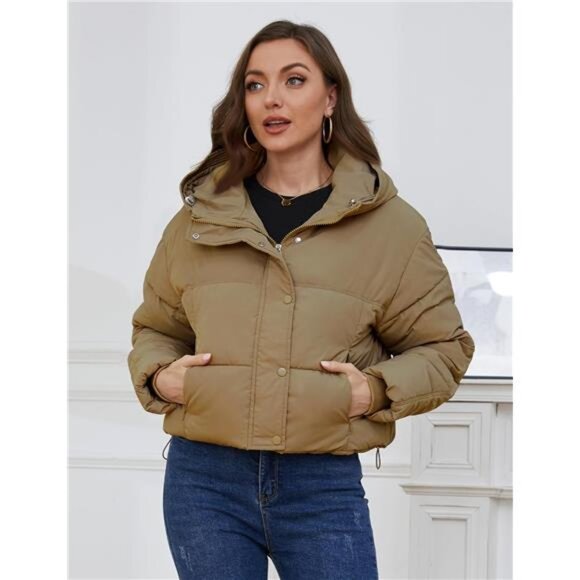 Womens Cropped Puffer Jacket Hooded Zip Up Brown - Picture 5 of 6